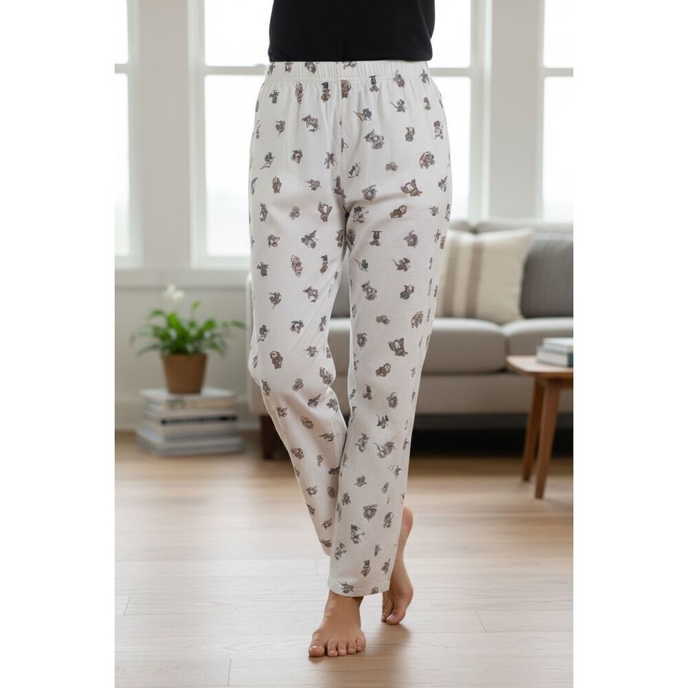 Brandy Melville Bear Print Lounge Pants Cream Elastic Waist Pajama Bottoms XS/SM